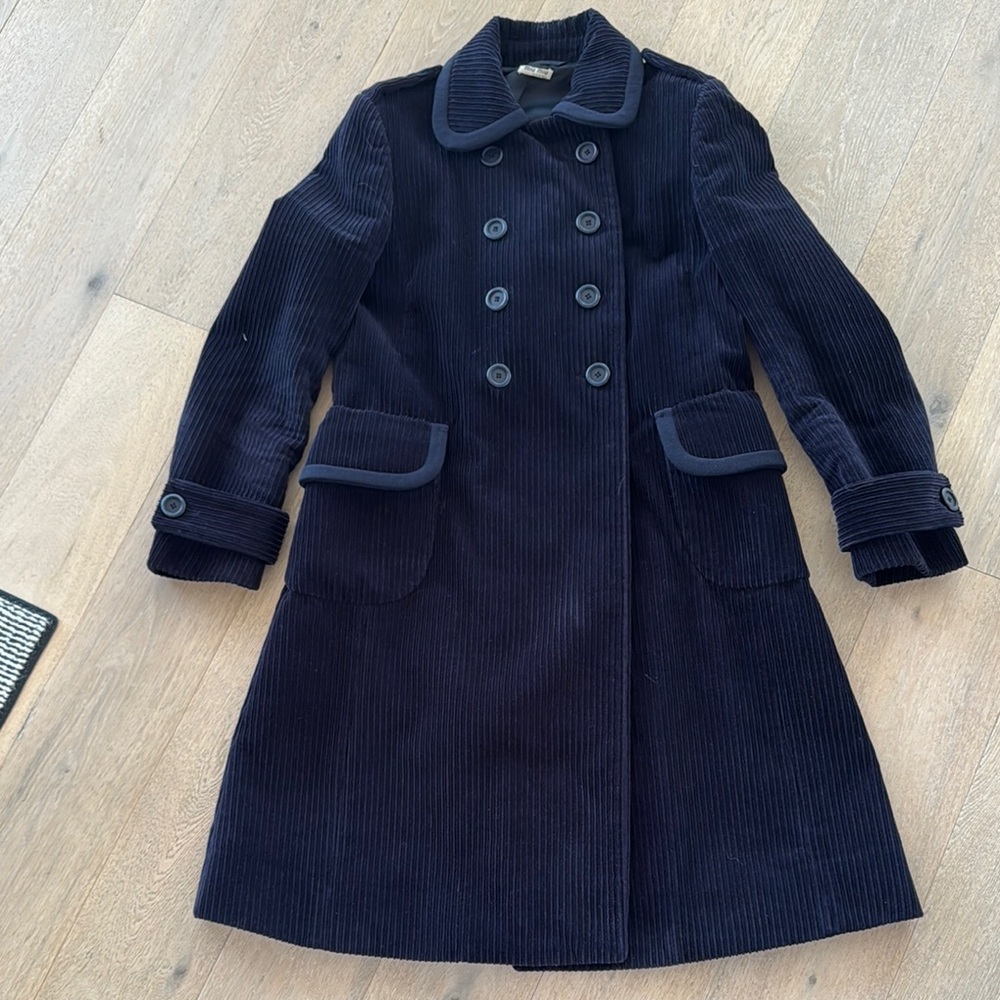 Midnight Blue Miu Miu Blue Pea Coat with Classic A-Line Silhouette in Corduroy